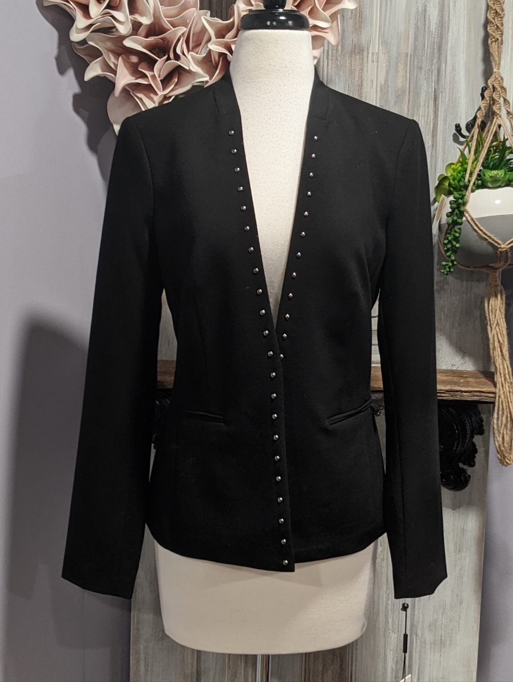 NWT Calvin Klein Black Stud-Trim Open Front Blazer
